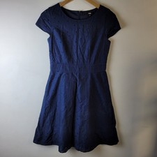 Uniqlo Women Size S Navy Blue Cotton Broderie Anglaise Shirt A-Line Dress Formal