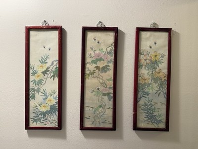 Vintage Chinese 3 Panel Silk Hand-Painted Screen Wall Art Framed Asian Art Rare