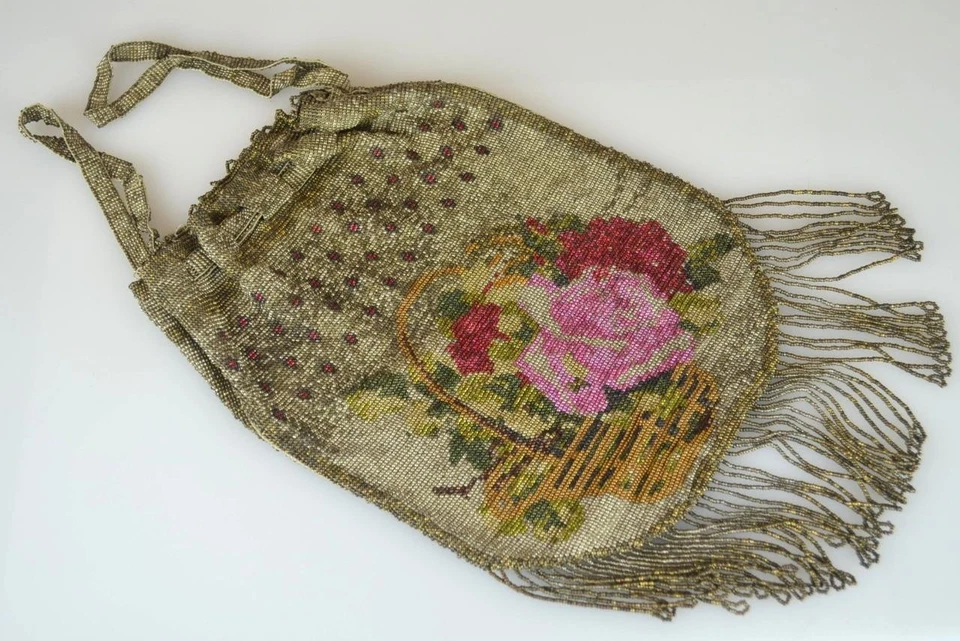 VICTORIAN MICRO BEAD FLORAL DRAWSTRING PURSE FLAPPER - 8" EXCLUDING TASSELS - Image 2 of 3