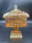 Vintage Jeanette Marigold Carnival Glass Pedestal Wedding Box/Candy Dish And Lid