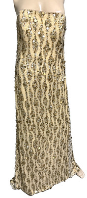 ESCADA Paillette Bead Embroidered Beige Gold Long Maxi Gown Dress US 6 8 / DE 38