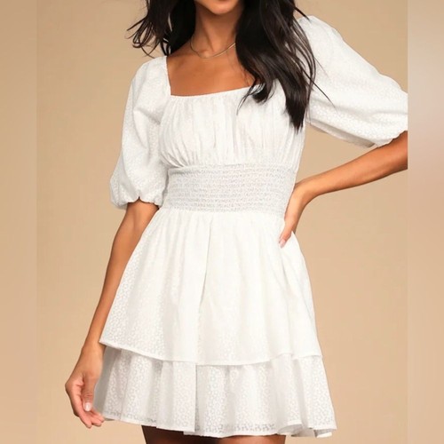Lulus Tiers To Me White Puff Sleeve Tiered Mini Dress Women’s L Cottagecore - Picture 1 of 7