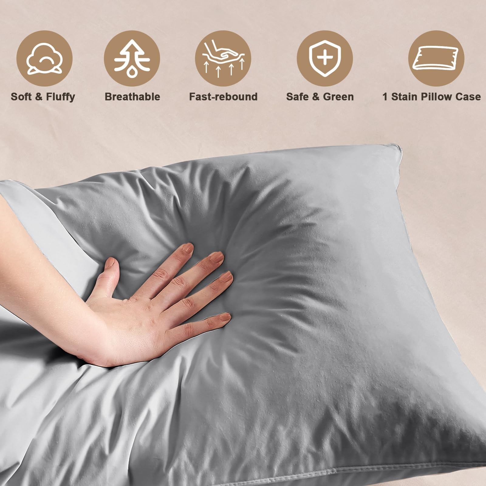 BHZ Grey Satin Goose Down Feather Pillows Queen Size with Satin Pillowcase fo...