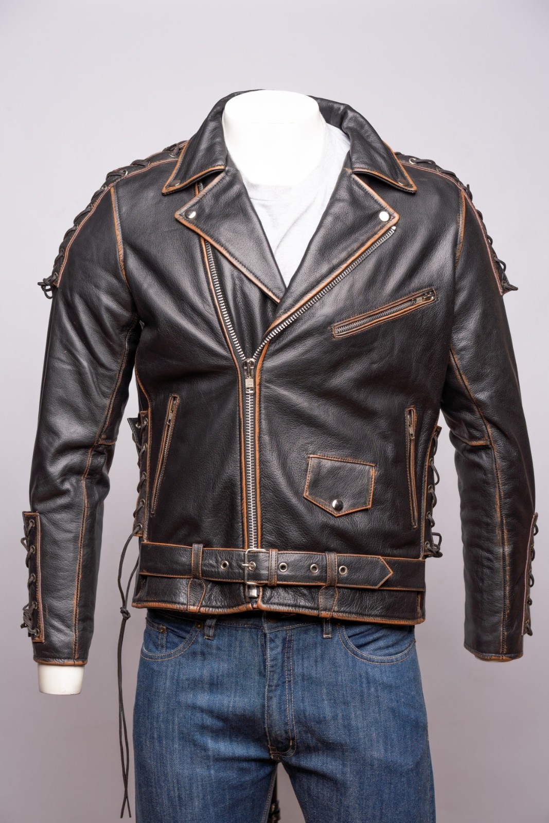 Men's Black Leather Motorcycle Jacket Side Lacing Biker Coat with Eagle Print