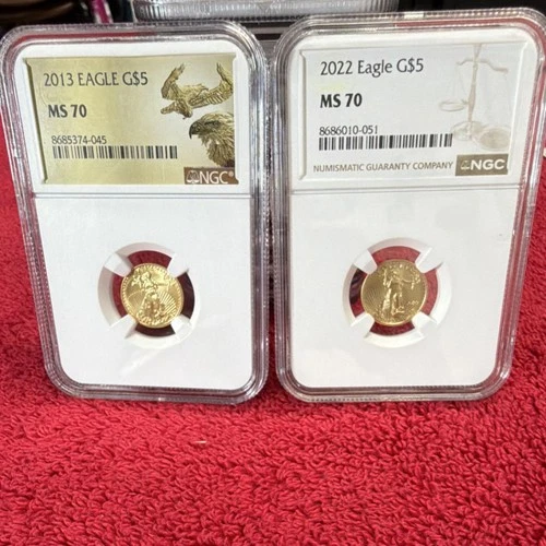 2U.S. Mint Gold Eagle 2013 & 2022 $5 1/10 oz NGC MS 70 #8685374-045, 8686010-051