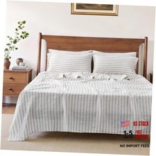 100 Organic Linen Sheets Set,Yarn Dyed Classicd Queen set 4pcs Beige Stripe