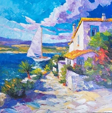 Tableau HUILE 40x40 NOLAC - Sérénité azuréenne Voilier - ORIGINAL Couteau