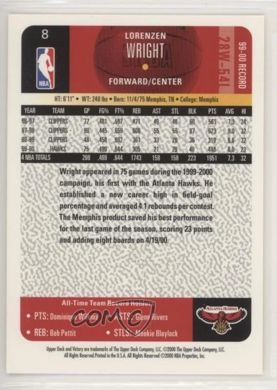 2000-01 Upper Deck Victory Lorenzen Wright #8 - Image 2 of 2