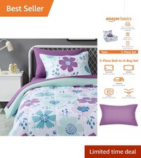 5-Piece Kids Microfiber Bed-in-a-Bag Set - Floral Twin Bedding in Bluish Flowers