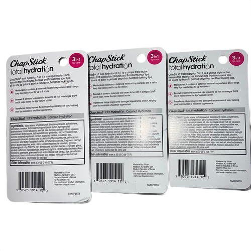 3x ChapStick Hidratación Total Coco Bálsamo Labial Tubo 0.12oz NUEVO Sellado - Imagen 2 de 2