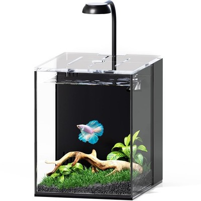 2 Gallon Fish Tank Aquarium Kit with Filtration, Light, Lid, Small Rimless Gl...