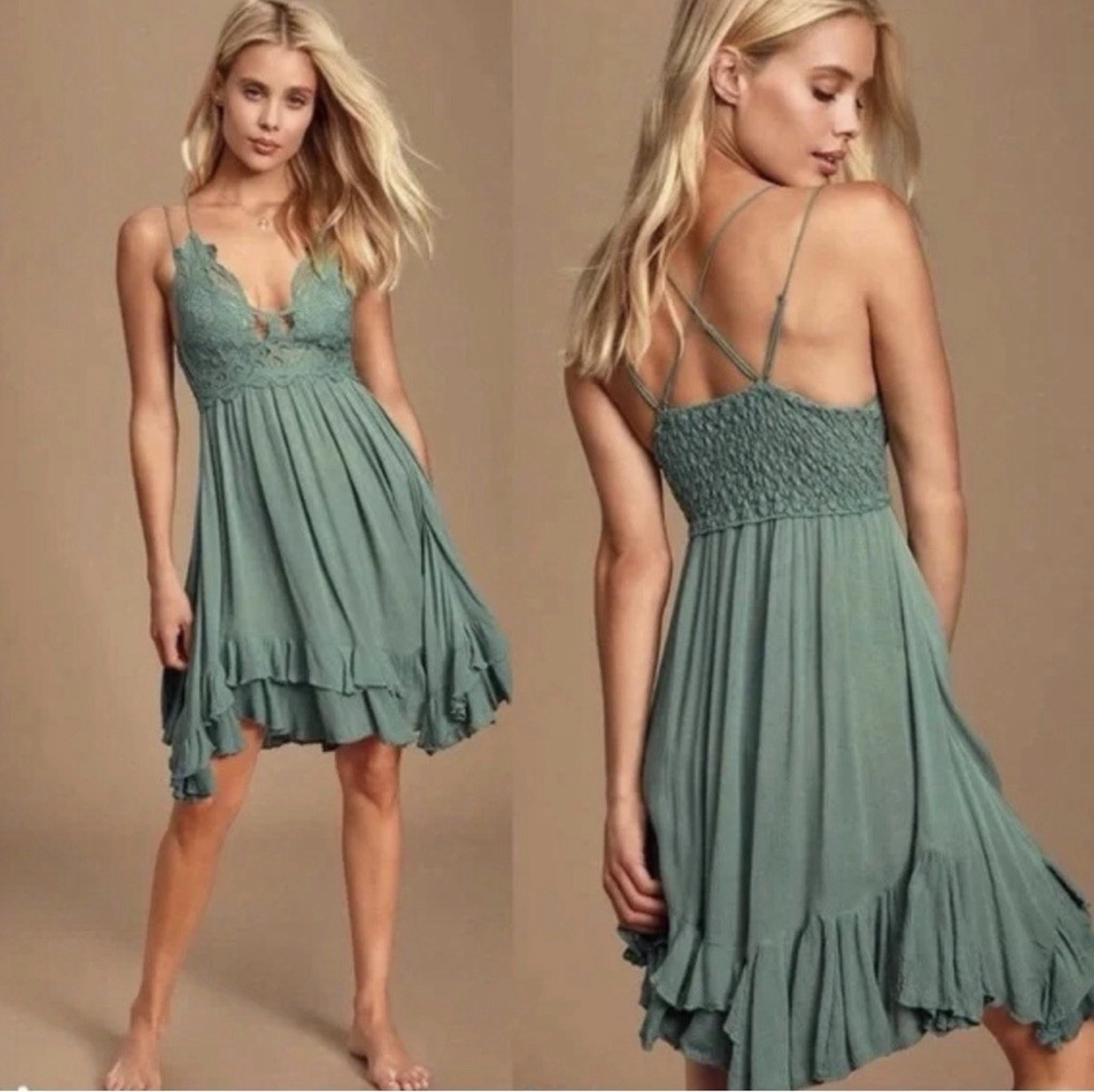 Free People Adella Slip Dress Lace Sleeveless Flowy Sage Green Bohemian Women S
