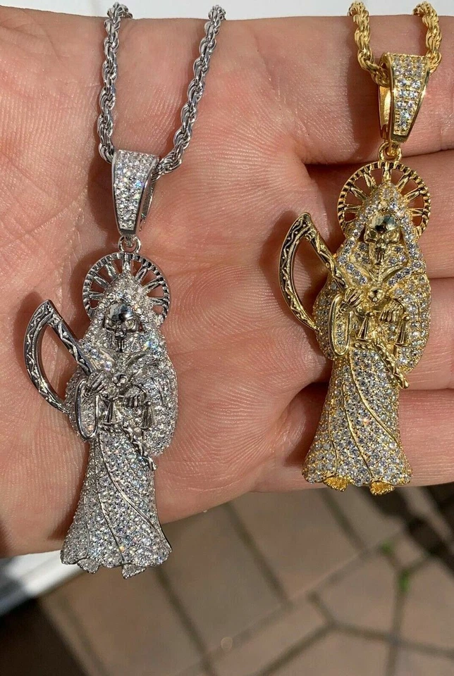 Colgante de la muerte de Santa Muerte Parca enchapado en oro 925 sólido circonita cúbica Foto 4 de 4