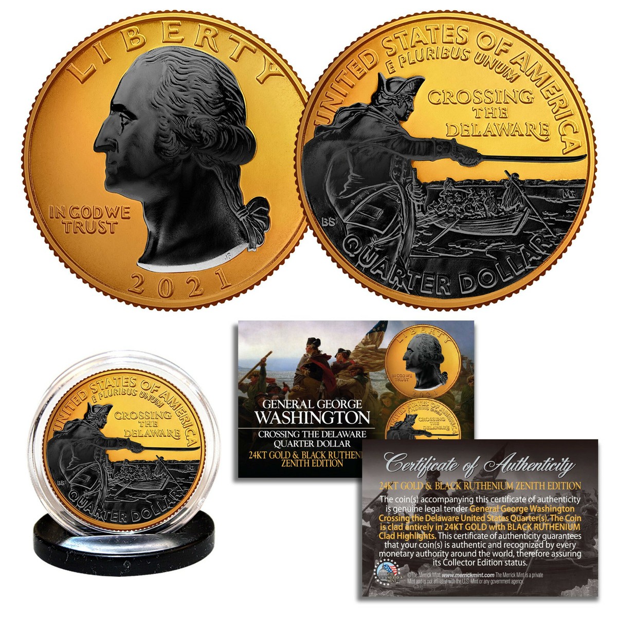 2021 WASHINGTON CROSSING DELAWARE Quarter 2-Sided 24K GOLD with BLACK  RUTHENIUM | eBay