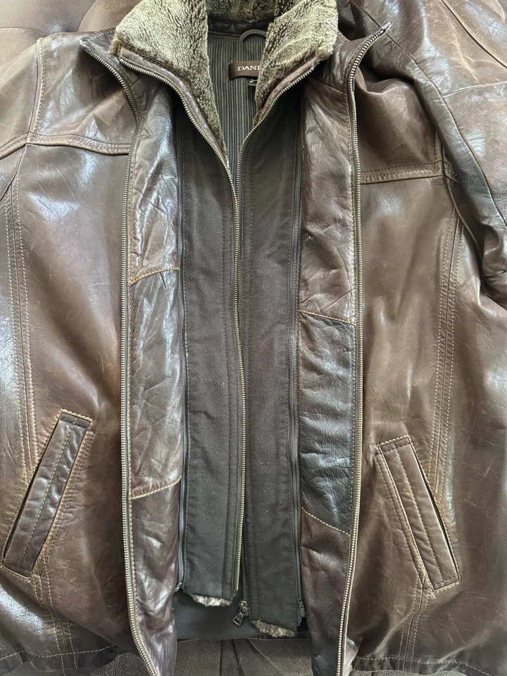 Chaqueta de cuero genuino aislante DANIER para hombre XL marrón ribete de piel extraíble #80895 Foto 4 de 4