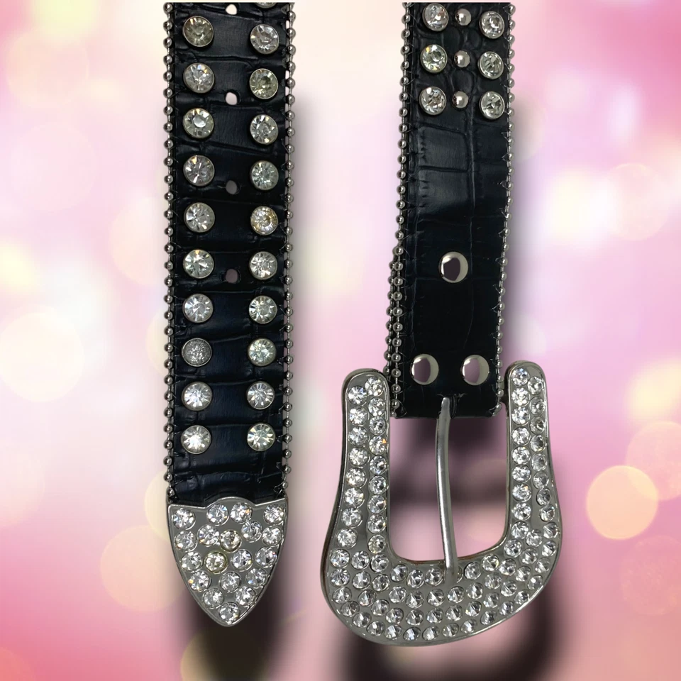 Cruces de cinturón occidentales vintage Nocona talla S cuero negro cristal estrás brillante Foto 2 de 4