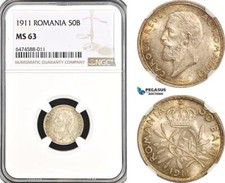 AH114, Romania, Carol I, 50 Bani 1911, Silver, NGC MS63
