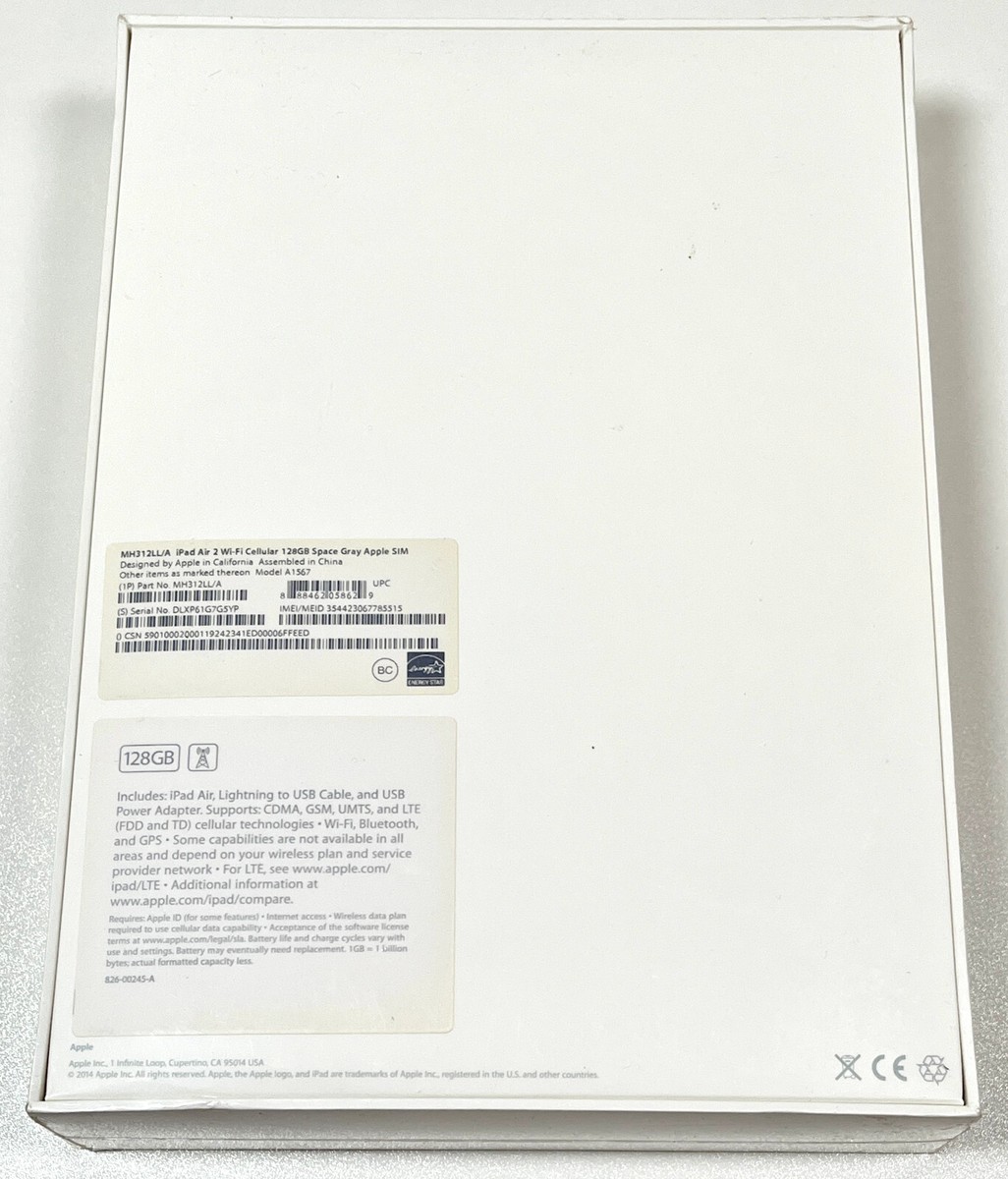 Apple iPad Air 2 128GB Cellular Space Gray MH312LL/A A1567 iOS 8