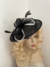 Fascinator Black White Wedding Saucer Hat Formal Ladies Hatinator Oval Disc Race