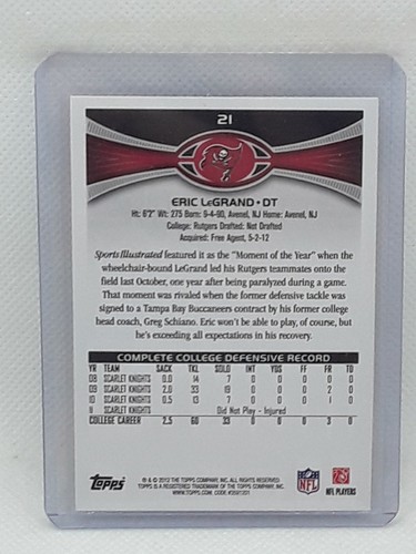 Eric LeGrand 2012 Topps Football - RC #21 - Tampa Bay Buccaneers - Picture 2 of 2