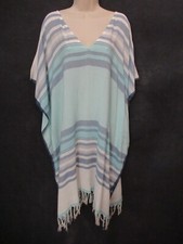 Splendid Boho Baja Fiesta Blue White Cotton India Fringe Blanket Hippy Dress O/S