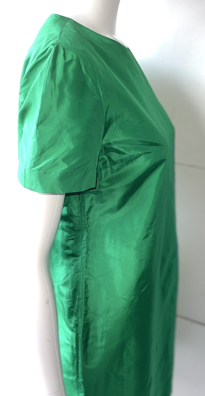 ABITO VINTAGE YVES SAINT LAURENT VARIAZIONE LUNGHEZZA GINOCCHIO 100% VERDE SETA TAGLIA UK14