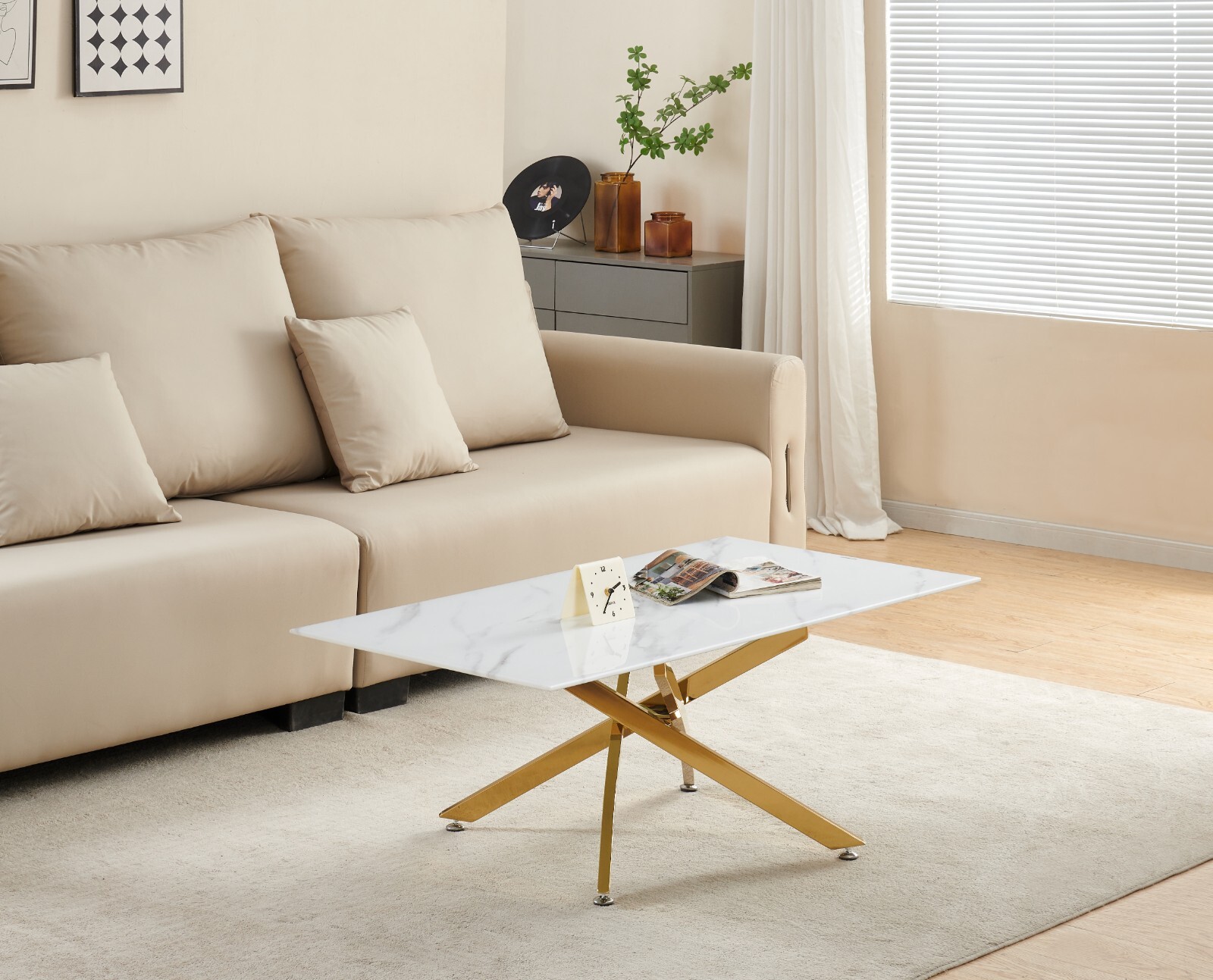 Coffee Table Rectangular 110 cm White Marble Effect Glass Gold Metal Legs Modern