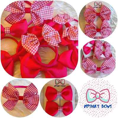Rosa Schulschleife Clips/Bobbles/Stirnbänder/Gingham Haarschleifen - Handarbeit