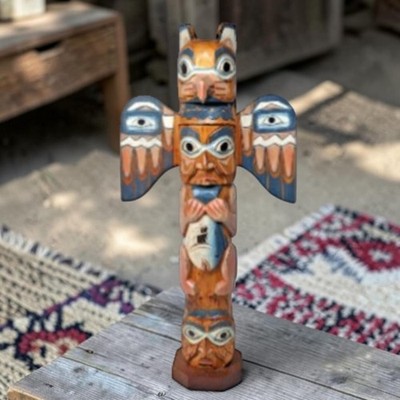 Patrick Seale Black Diamond Eagle Boy Totem Pole Signed Hand Carved 16.5'' Alaska