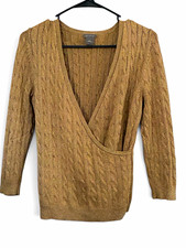 Ann Taylor Women's Beige Knit Cable-Knit metallic V-Neck Pullover Sweater S