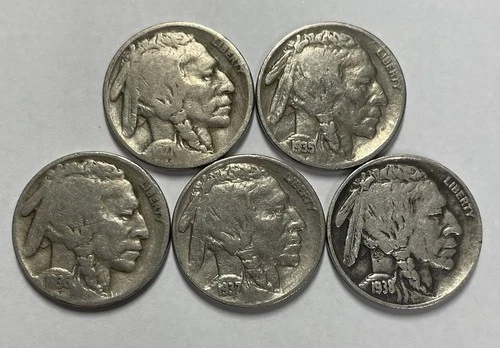 1927 1935 1936 1937 1938-D Buffalo Nickel Lot of 5