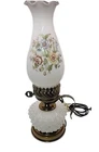 VTG White Milk Glass Hobnail Hurricane Electric Table Lamp w/Floral Shade