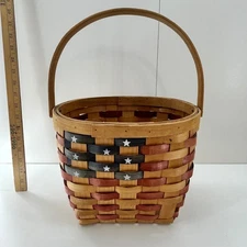 Vintage Americana Patriotic Woven Basket Handle Stars Red Blue Wood
