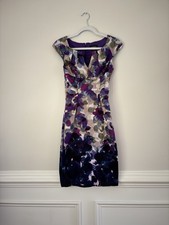 Adrianna Papell Purple Floral Sheath Dress, Ruched, V-Neck, Cap Sleeve, Sz 4