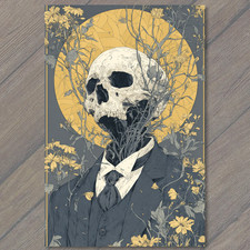 Art Print Skull Flowers Bloom Suit Yellow Circle Background Gothic Botanical