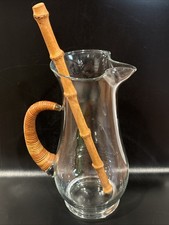 Vintage Carl Aub&ouml;ck MCM Cocktail Pitcher With Bamboo Stirrer And Wicker Wrap