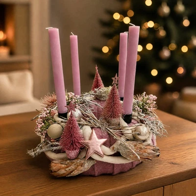 Adventsgesteck Adventskranz Kugel Stern Tannenbäumchen rosa creme - Bild 1 von 4