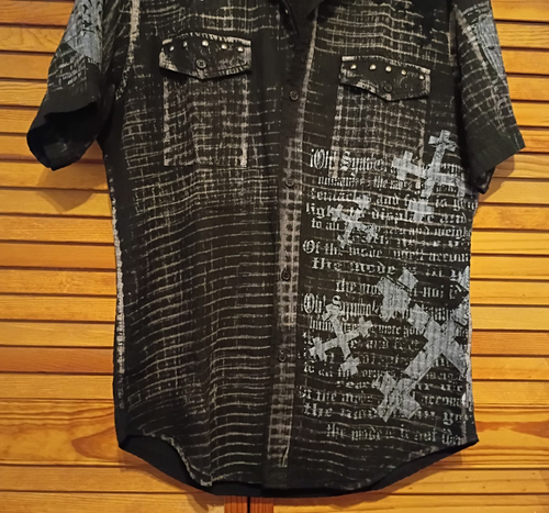 Etzo Men's S Black Grey Accent Metal Stud Applique Epaulettes Shoulder Shirt - Picture 5 of 11