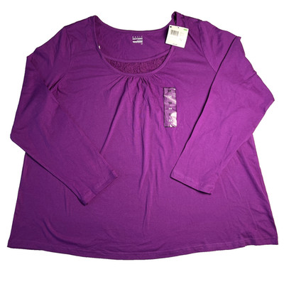 Basic Editions Lace Inset Shirred Neckline Long Sleeve Womens Tee Size 2X - NWT