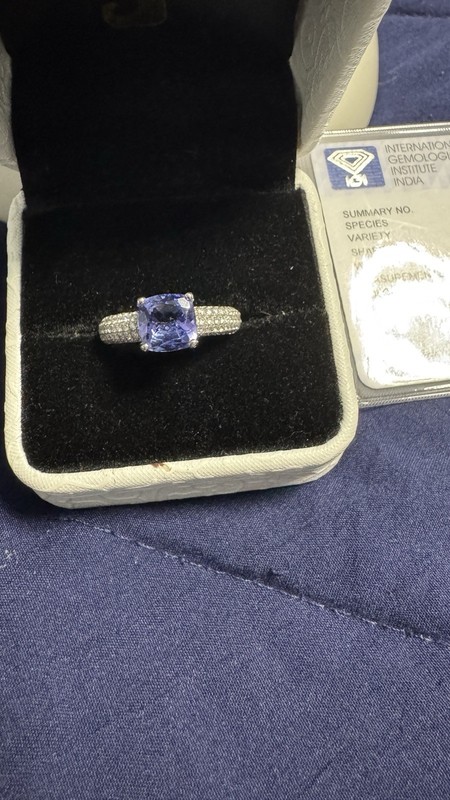 Natural Tanzanite & Diamond 18K Solid White Gold Pave Cocktail, Engagement Ring