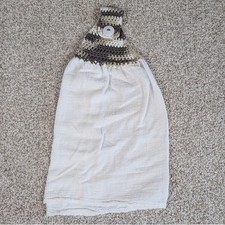 Crocheted Hanging Kitchen Towel with Button Closure - Brown and White