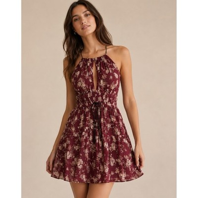 Cinq a Sept Burgundy Silk Halter Mini Dress Keyhole Smocked Waist XS