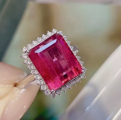 7.40 Ct Ruby Diamond  Emerald Cut Proposal Ring 14K White Gold Size 8