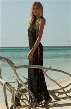 Melissa Odabash Black Lace Up Maxi Dress Sheer Boho Crochet Beach Cover Up Med