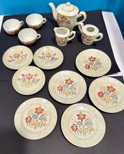 VTG 15pc Miniature Child Doll Tea Set Made Japan Red Blue Floral Porcelain