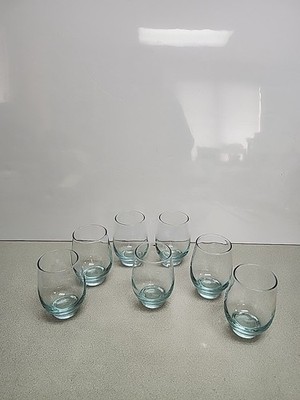 7 Vintage Libbey Glass Drink Tumblers Tempo Aqua Blue Roly Poly 4 1/2''