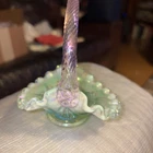Vintage 4.5” Fenton Green Opalescent Pink Handle Miniature Basket