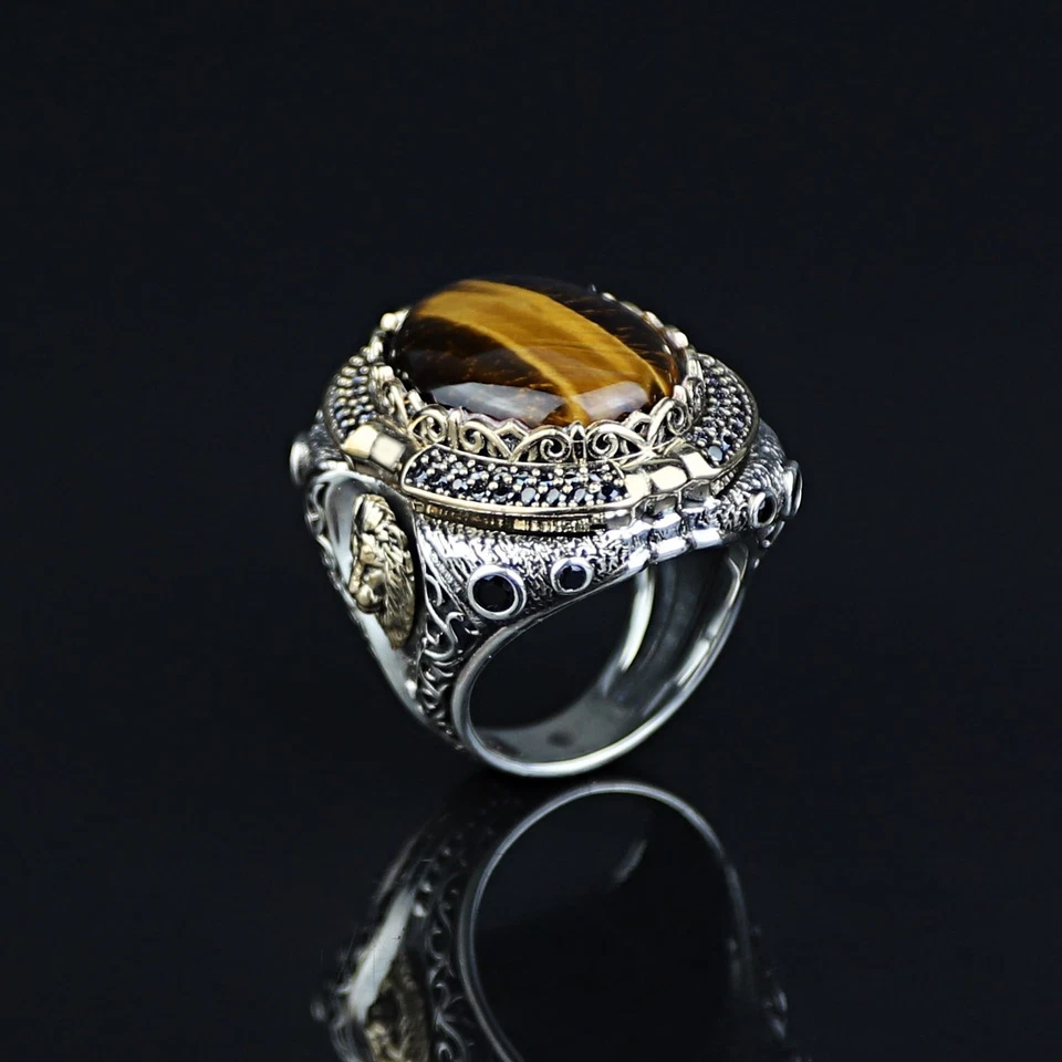Anillo de plata 925 hecho a mano con piedras preciosas de ojo de tigre para hombre con figura de León Foto 4 de 4