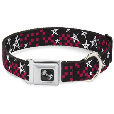 Dog Collar Bone Sketch Stars w/Checkers Black/Fuchsia/White WIDE-Lar (US IMPORT)