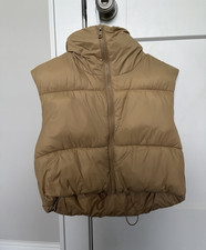Womens Beige Padded Puffer Vest Full Zip Sleeveless High Collar Short Sz XS